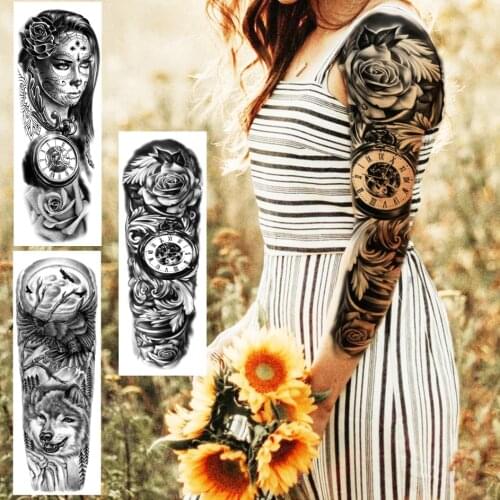 Sexy Rose Flower Full Arm Tattoo Sticker For Women Men Compass Wolf Eagle Temporary Tattoos Sleeves Large Body Art Fake Tatoos