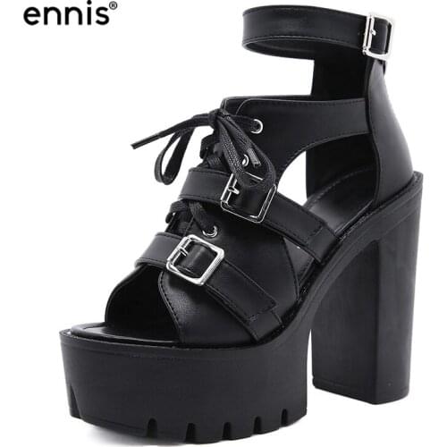 ENNIS Gladiator Sandals Women Black Sandals High Heels Designer Shoes Platform Buckle Lace Up Ladies Summer Shoes Brand New S109