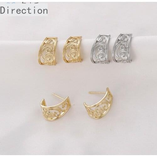 14k gold color-preserving electroplating hollow retro C-shaped earrings silver needle diy jewelry material accessories 2PCS