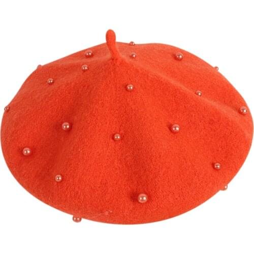 Wool Beret Hat Korean Style Pearl Hats Fashion Baby Girl Solid Color Beret Caps Outdoor Winter d88
