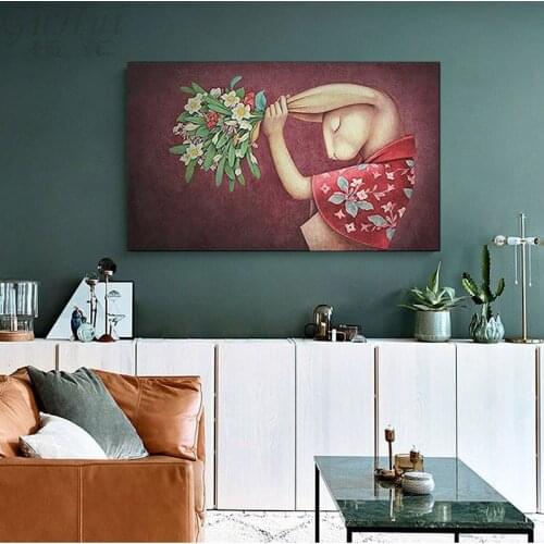 Nordic Modern Spray Color Cartoon Flowers Long Eared Rabbit Miss Animal Canvas Painting Poster Kids Girl Room Decor Wall Picture