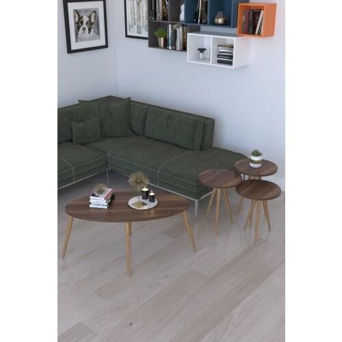 Modern 3'lü Round Zigon Coffee table, Serving Stand and Istanbul Center table-Walnut coffe table table bassee