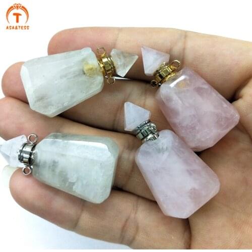 Natural Healthy Crystal Faceted Perfume bottle Pointed pyramid Cap Vial Rose Quartz Charm For Necklace Jewelry Making DIY