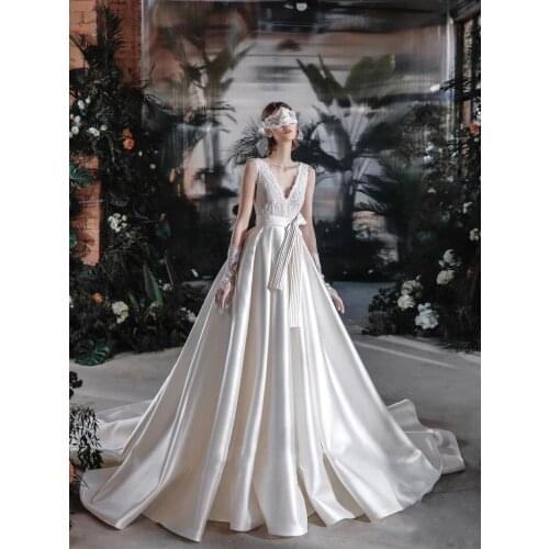 CASS V neck wedding dress bridal gown deep v back chapel train A-line lace satin bridal dress ivory