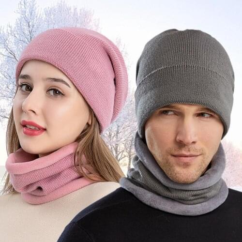 Solid Color Winter Hat Beanies Women Mens Hat with Necherchief Warm Wool Knitted Beanies Cap Hat Unisex Knitted Hats Bonnet