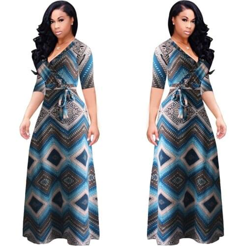 Vintage boho style geometric print half sleeve dresses lace up sexy V-neck summer long beach maxi dress vestidos 5XL puls size