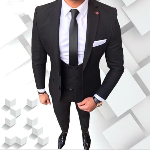 High Quality Two Buttons Black Groom Tuxedos Notch Lapel Groomsmen Mens Wedding Prom Suits (Jacket+Pants+Vest+Tie) NO:89