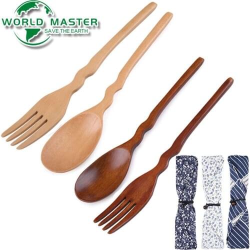 World Master Portable Eco-friendly Tableware Wooden Cutlery Set Japanese Style Creative Wave Handle Wood Table Set