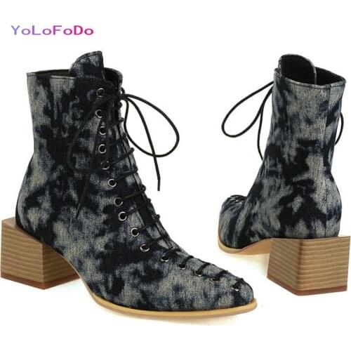 2021 Autun Winter Women Ankle Boots Fashion Square Heel Round Toe Ladies Short Boots PU Leather Cross Tied Womens Boots Big Siz