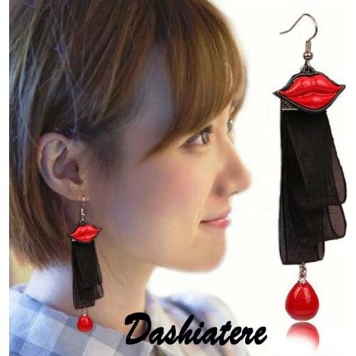 Sexy Long Earings Red Lips Mouth Black Ribbon Red Water Droplet Ear Decoration Fashion Jewelry Women New Arrival 2020 Accessory