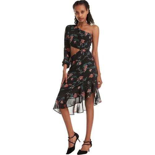 Hot woman dress 2020 Sexy Single Shoulder Sleeveless Women Summer Hollow Flower Print Ruffles Dress vestido de mulher femme robe