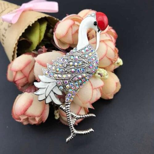 100pcs/ 2.76 Inch Red-crowned Crane Brooch Pin Gold-tone Clear Rhinestone Crystal Animal Brooches Pins