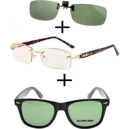 3Pcs!!! Titanium Gentleman Diamond Cut Reading Glasses Men Women + Polarized Sunglasses Squared Ultralight + Sunglasses Clip