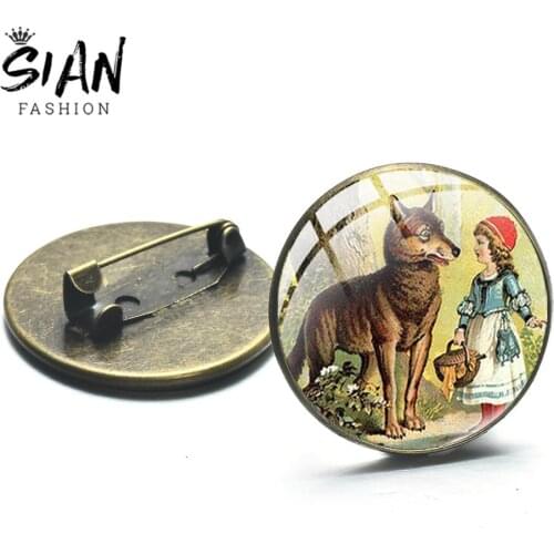 SIAN Lovely Little Red Riding Hood Brooch Girl and Wolf Fairytale Art Photo Glass Cabochon Metal Brooches Bronze Silver Plated