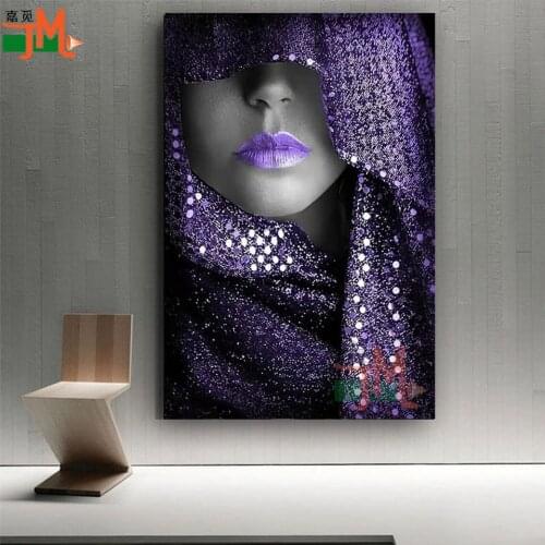 Indian Woman Wearing Purple Veil Diamond Painting Cross Stitch Wall Art Picture Decor Diamond Embroidery Bling Full Square Round