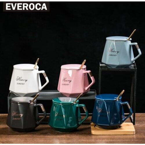 Creative Diamond Cup Ceramic Household Coffee Cup with Lid Spoon Wooden Mat Water Cup Simple Atmosphere Casual Office Cup