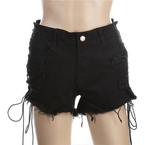 Sexy Summer Women Denim Black/White Ripped Short Jeans High Waisted Tassel Elastic Lace Up Bandage Shorts pants Size S-3XL
