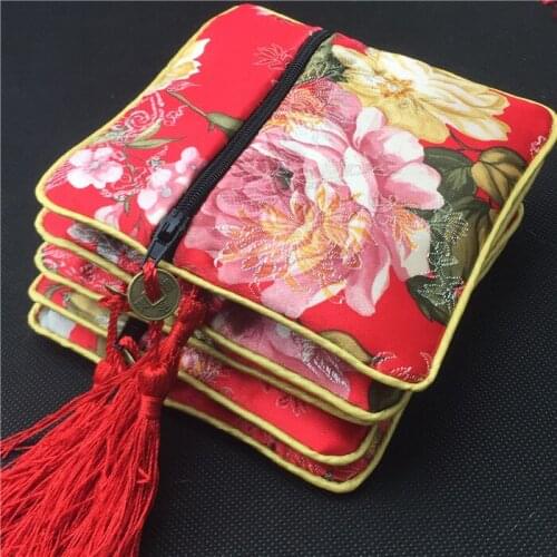 10pcs Pteris Flower Small Wedding Party Favor Bags Gift Packaging High Quality Chinese Silk Pouch with Zipper Purse Coin Wallet