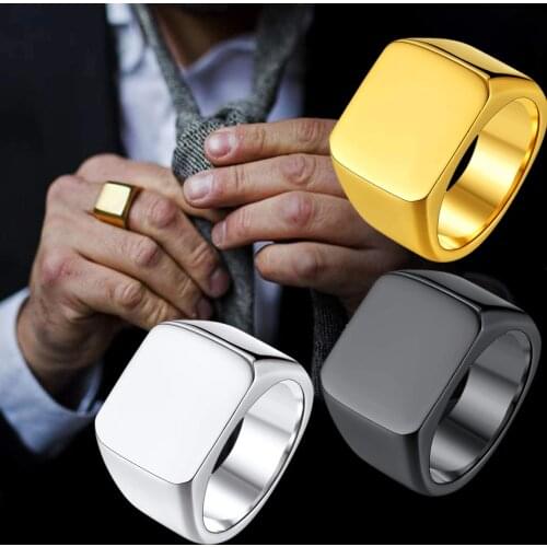 Fashion Men Ring Stainless Steel Simple Style Black Golden Silver Color Square Signet Ring Charm Hiphop Male Jewelry Party Gift