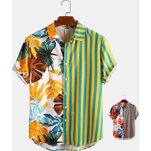 Shirts Men Plant & Leaf Striped Patchwork Casual Holiday Curved Hem Hawaiian Shirt 2021 Fashion Clothes
