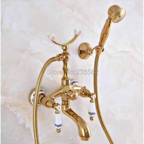 Wall Mounted Bathtub Faucet Gold Color Brass Tub Sink Faucet Telephone Style Bathroom Bath Shower Set with Handshower lna961