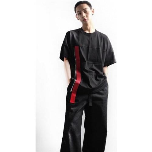 New summer original design fashion brand mens personalized Korean dark ribbon splicing slim short sleeve T-shirt