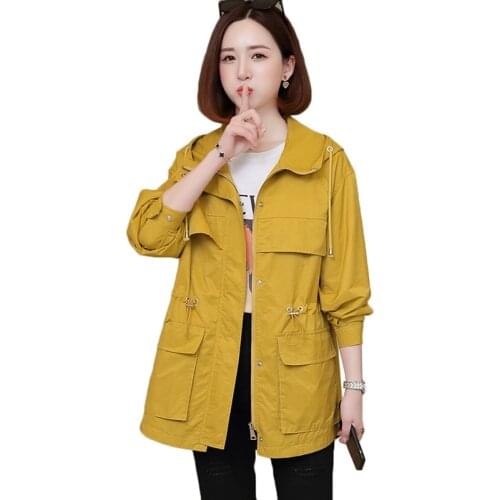 2020 New Fashion Womens Spring Autumn Jacket Female Tops Korean Style Plus Size Female Windbreaker Coat Hooded Overcoat AH153