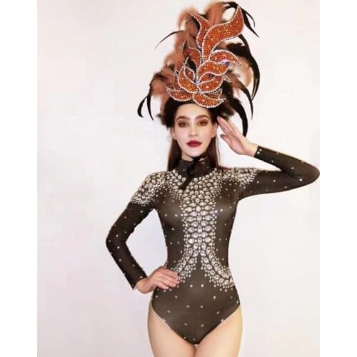 New Shiny Rhinestones Long Sleeve Black Jumpsuit For Women Feather Red Stone Headdress Bar Gogo Dancer Stage One-Piece DQL3973