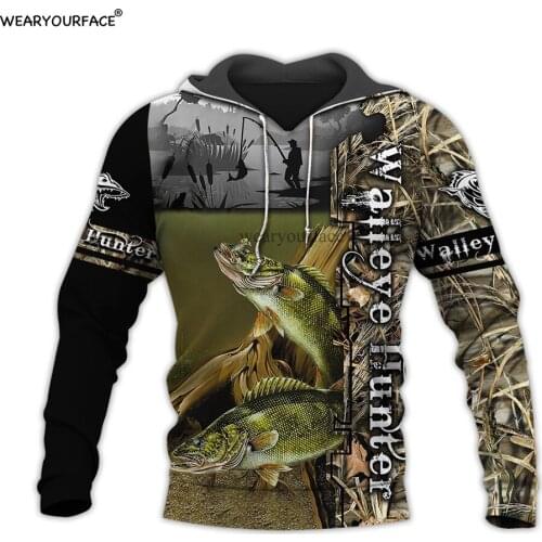 Walleye Hunting Camo 3D All Over Print Crewneck Hoodies Sweatshirts Zipper Shorts Outdoor Vocation Sport Streetwear Men Clothing