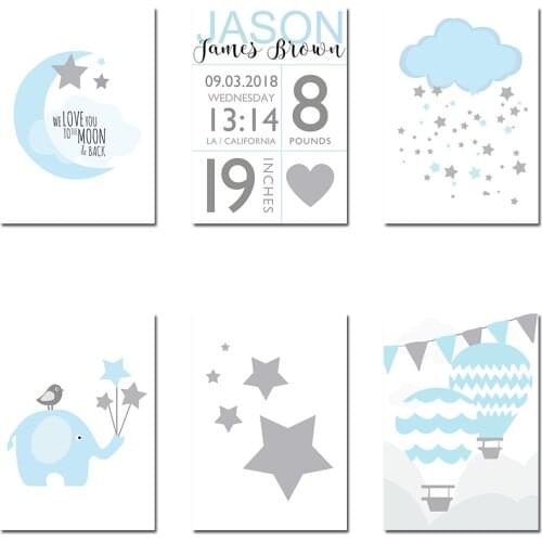 Baby Name Birth Custom Posters Blue Moon Clouds Wall Art Canvas Painting Posters and Prints Wall Pictures for Kids Bedroom Decor