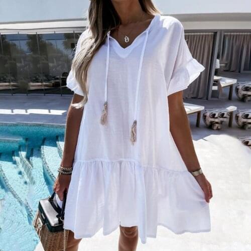 Loose Casual Ruffles Big Hem Mini Dress Women 2021 Summer Short Sleeve V-neck Lace-up White Black Red Beach Dresses For Woman