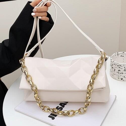 Simple Chain Flap Shoulder Bags for Women Square Designer Messenger Bag Ladie Solid Color Leather Armpit Bag White Handbags 2021