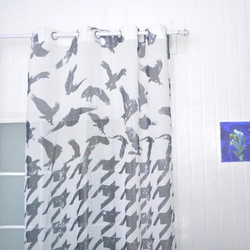 FMH Sheer Curtain Panels for Living room Bedroom French Window Faux Linen Drapery Tulle Printed Puppy Tooth in Silver Grommets