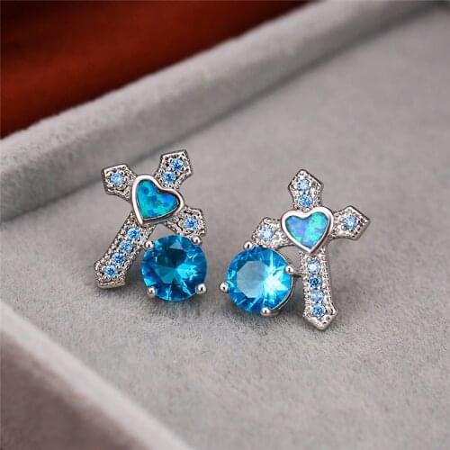 Blue Heart Opal Round Zircon Cross Stud Earrings For Women White Gold Lucky Jewelry Female Fashion Ocean Blue Stone Earring Gift