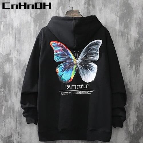 CnHnOH Men Hip Hop Sweatshirt Hoodie Butterfly Streetwear Harajuku Pullover Hoodie Cotton Fleece Winter Autumn Black Hoodie