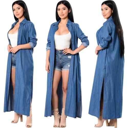 Fashion Women Vintage Open Stitch Long Denim Trench Coats Ladies Turn-Down Collar Jeans Casual Loose Windbreaker Outwear Female