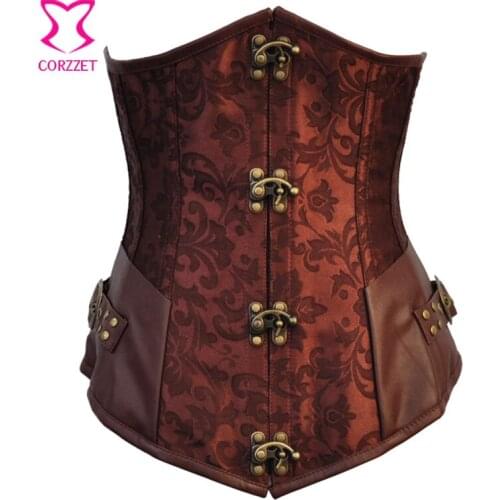 Vintage Steel Boned Underbust Corset Steampunk Gothic Corsetto Bustier Sexy Brown Brocade Waist Trainer Corsets and Bustiers
