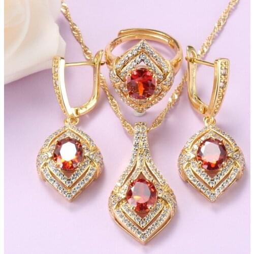 Dubai Bridal Red Jewelry Sets Gold-Color African Women Costume Cubic Zirconia Earrings Ring And Necklace Sets