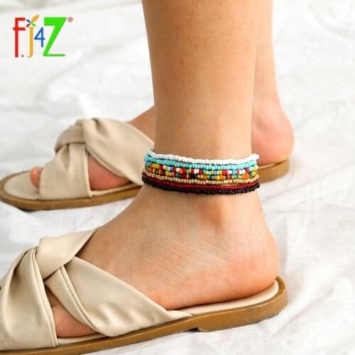 F.J4Z 2021 New Womens Footchains Trendy Multi-layers Beaded Elastic Girls Leg Bracelets Bohemian Ladys Summer Beach Jewelry
