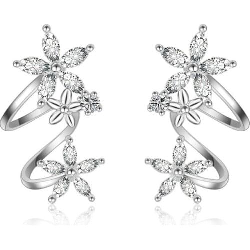 Trendy Luxury Sterling Silver Cubic Zircon Crystal Ear Clip Jewelry For Women Fashion Filver Leaves Ear Cuff Earring