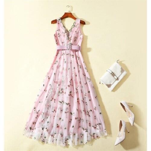 Top Quality New 2019 Summer Fashion Wedding Party Long Dress Women V-Neck Allover Tulle Mesh Embroidery Pink Long Maxi Dress