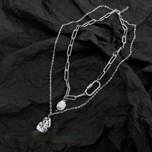 VSnow Simple Double Layer Irregular Metal Hollow Geometric Pendant Necklace for Women Asymmetry Chunky Chain Necklace Jewelry