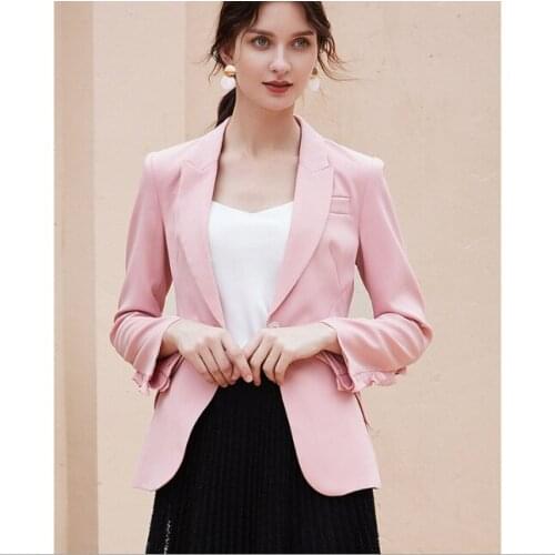 Pink Single Button Short Notched Lady Coat Spring Autumn Ruffle Slim Business Women Outerwear Sweet Casual French Style Overcoat