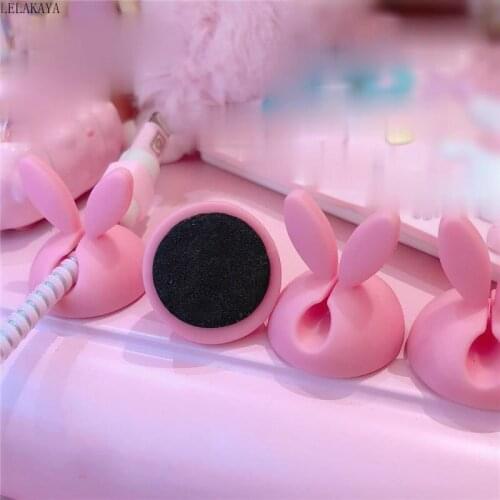 4pcs Pink Bunny Ear Rabbit Desktop Data Cable Holder Creative Action Figure Cute Headphone USB Charger Cord Protection Organizer