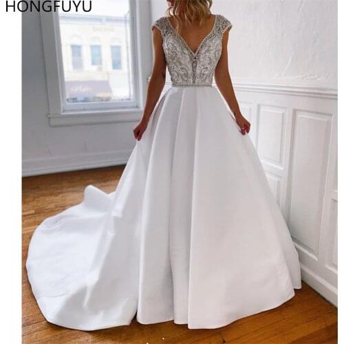 HONGFUYU Princess Satin Ball Gown Wedding Dresses 2020 V Neck Beading Cap Sleeves vestido de noiva Bridal Gowns With Pockets
