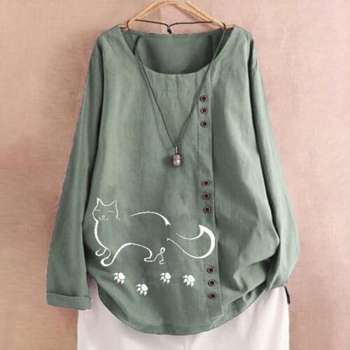 Cat Print Blouse Women Casual O-Neck Loose Long Sleeve Button Shirt Top Camisetas Mujer Ladies Spring Blusas Bluzki Damskie