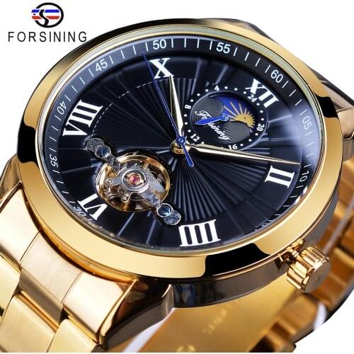 Forsining Men Stainless Steel Tourbillion Design Black Moon Phase Dial Mens Automatic Mechanical Wrist Watches Top Brand Luxury
