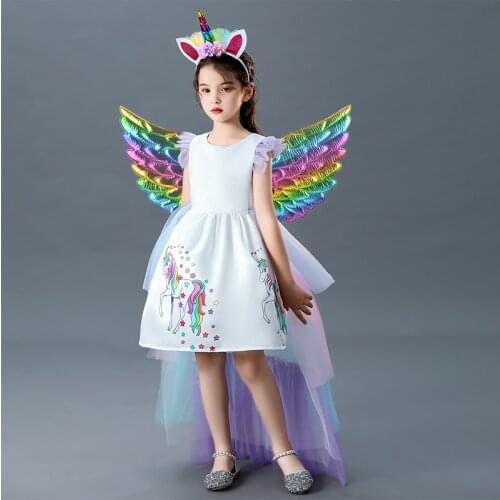 2021 Kids Girls Unicorn Dress With Long Tail + Wings Wig Hairband Girl Princess Birthday Party Christmas Dress Children Clothes