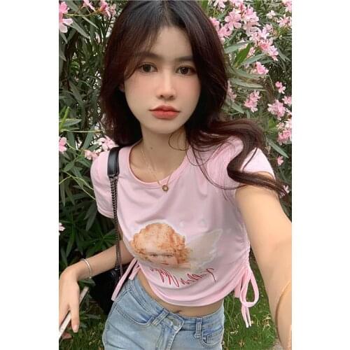 Design sense niche tied pink angel print short paragraph pure desire Y2 tight-fitting short-sleeved T-shirt all-match