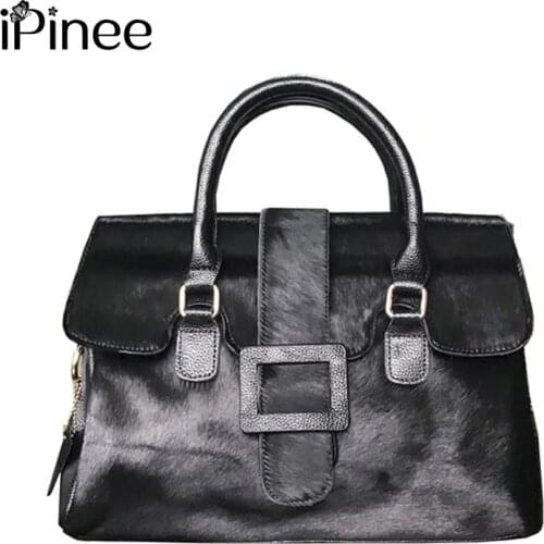 IPinee New Winter Classic leather Women Shoulder Bags Horse hair Top-handle Bags Messenger Bags bolsa